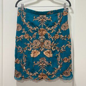 Bohemian teal + gold embroidered pencil skirt